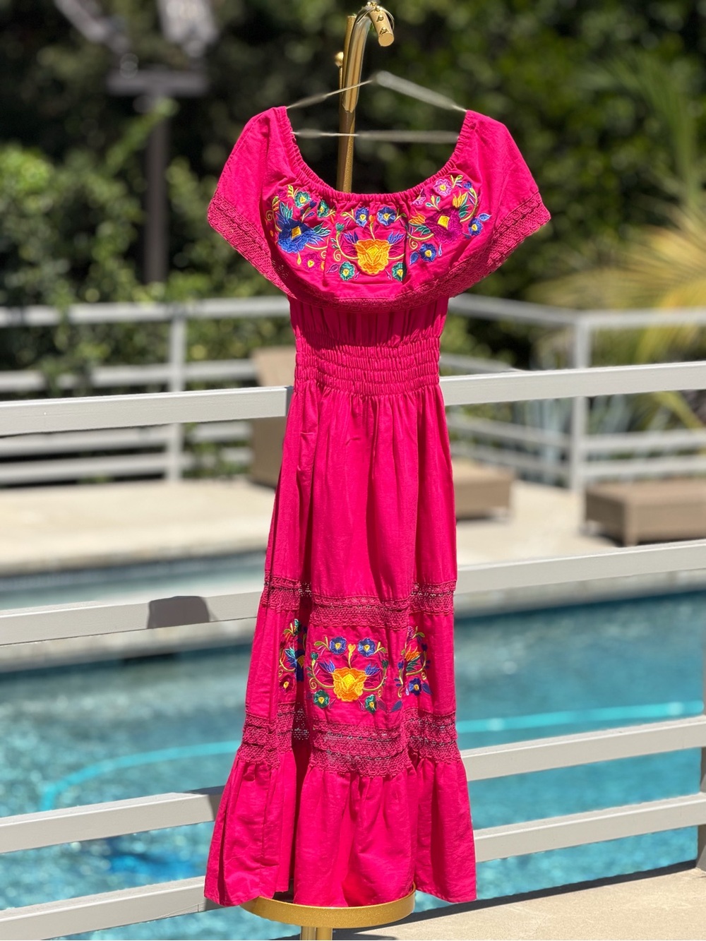 Bright Pink Embroidered Off-Shoulder Maxi Dress